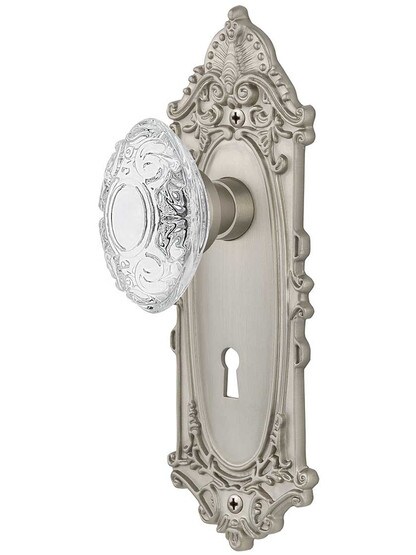 Victorian Door Set with Keyhole and Matching Crystal-Glass Knobs in Satin Nickel.